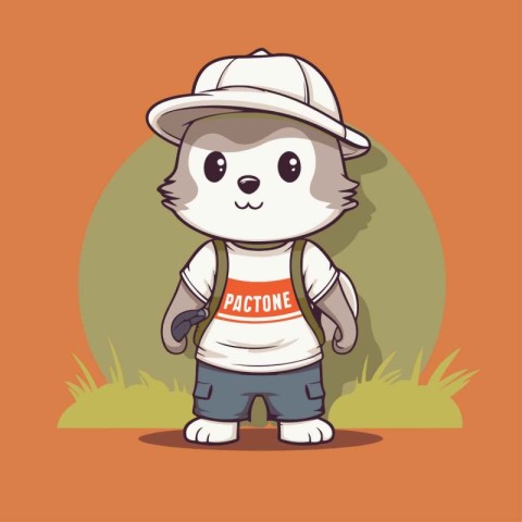 cute little hedgehog wearing safari hat and backpack vector illu