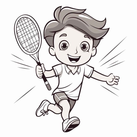 Cartoon boy playing badminton. Vector clip art illustration.