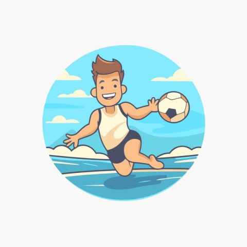 Man playing soccer on the beach. Vector illustration in cartoon