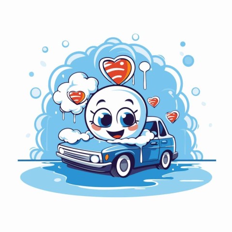 Cute cartoon vector illustration of a boy driving a car with a h