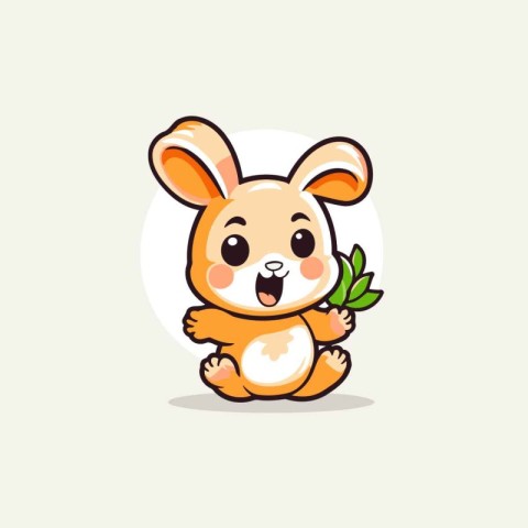 Cute cartoon rabbit with green leaves. Vector illustration of an