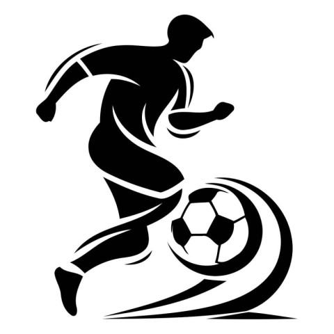 Soccer player kicking the ball. Black silhouette on a white back