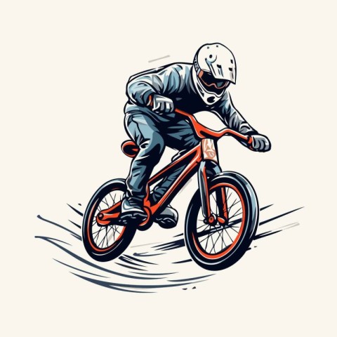 Biker in helmet riding a mountain bike. Vector illustration in r