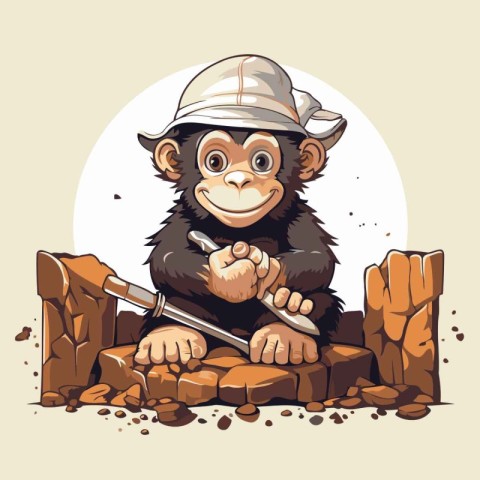 Monkey with a knife in a stone pit. Vector illustration.