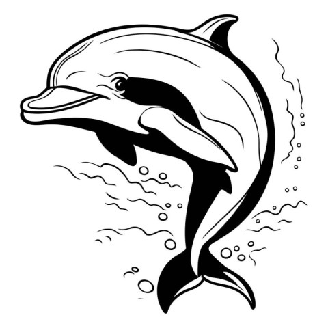 Dolphin jumping out of the water. Black and white vector illustr