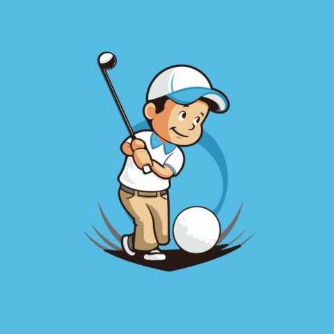 Golfer with golf club and ball on blue background. Vector illust