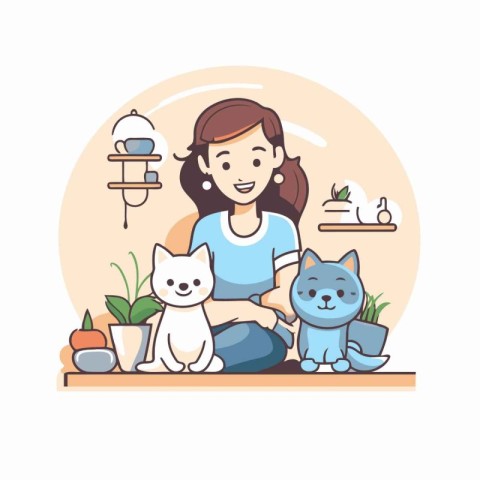 Girl with cat and dog. Pet care concept. Vector illustration.