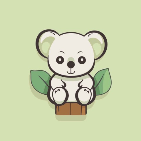 Cute koala sitting on a branch with leaves. Vector illustration.