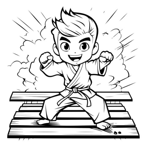 Black and White Cartoon Illustration of Kid Practicing Karate fo