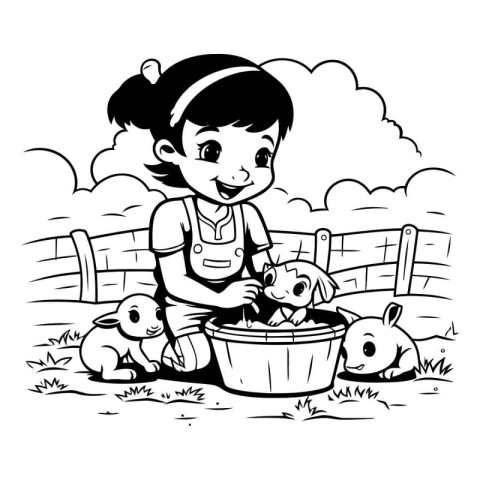 Cute girl playing with her pets in the garden. black and white v