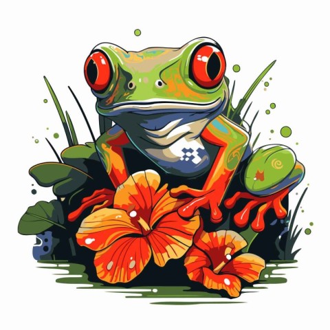 Frog sitting on a flower. Vector illustration on white backgroun