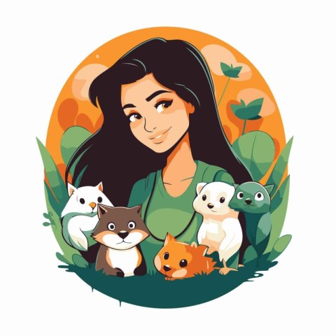 Girl with a group of animals in the garden. Vector illustration.