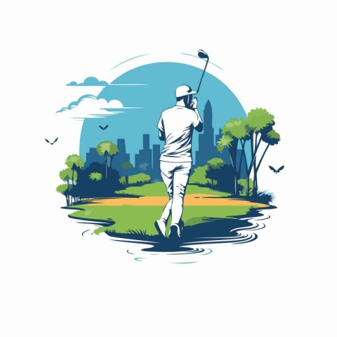 Golfer playing golf on the golf course. Vector illustration.