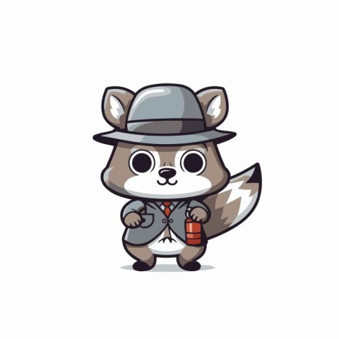 Cute cartoon raccoon in suit and hat. Vector illustration.