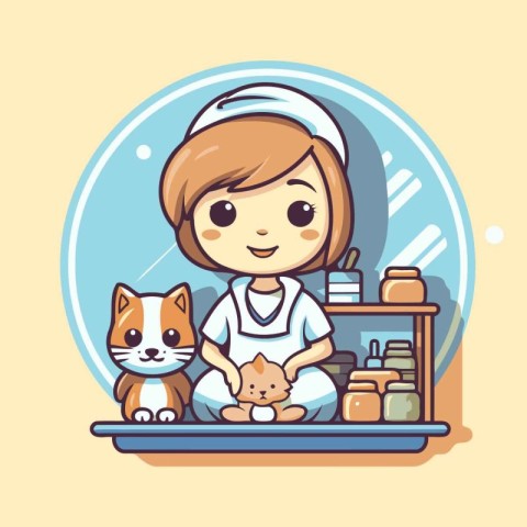 Cute cartoon girl with cat in the kitchen. Vector illustration.