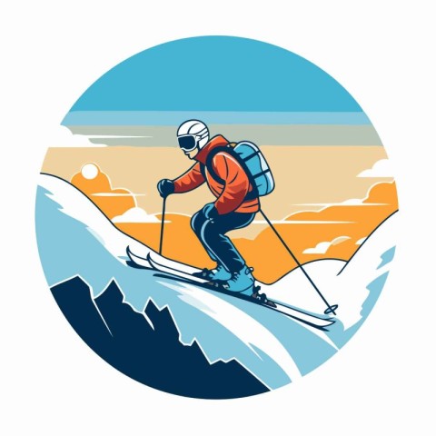 Skiing in the mountains. Vector illustration in retro style.