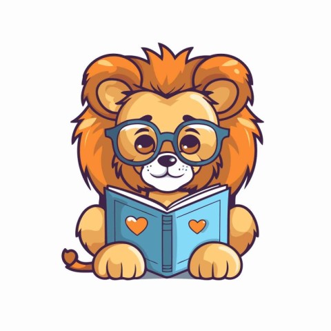 Cute cartoon lion in glasses reading a book. Vector illustration