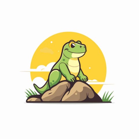 Cute cartoon crocodile sitting on a rock. Vector illustration.