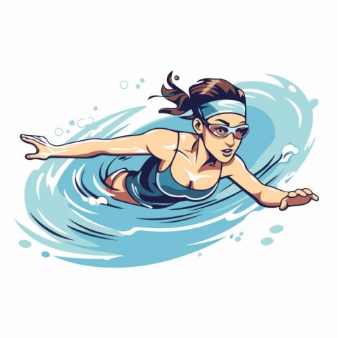 Vector illustration of a woman swimming on a surfboard in the se