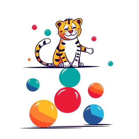 Tiger playing with balls. Vector illustration in cartoon style o