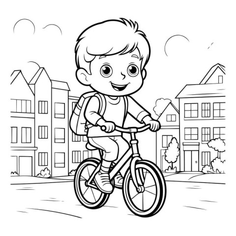 Coloring Page Outline Of a Cute Little Boy Riding a Bicycle