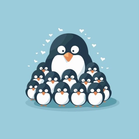 Cute penguins with baby penguin family. Vector illustration.