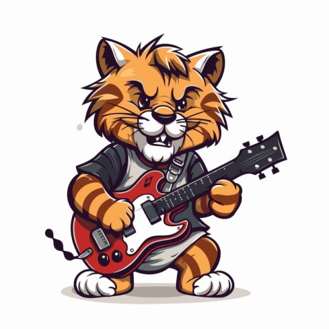 Vector illustration of a tiger playing guitar. Isolated on white