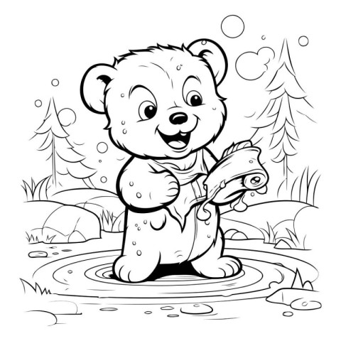 Black and White Cartoon Illustration of Cute Teddy Bear Animal C