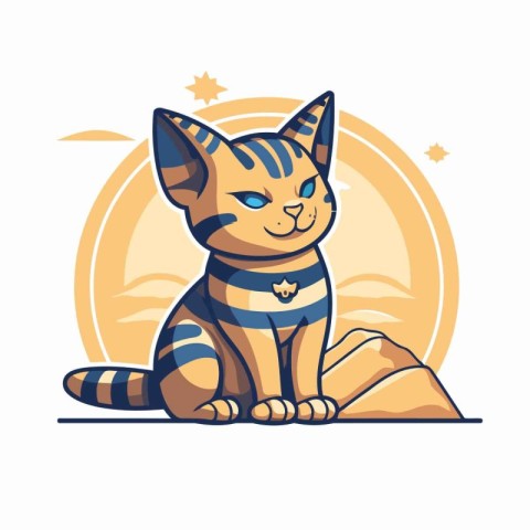 Cute cartoon cat with blue eyes sitting on a rock. Vector illust