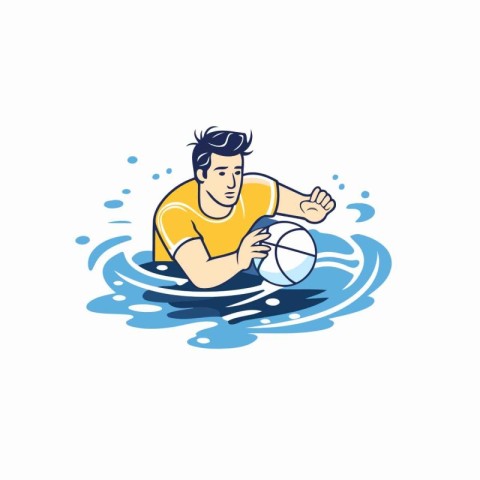 Water polo player with ball in water vector Illustration on a wh