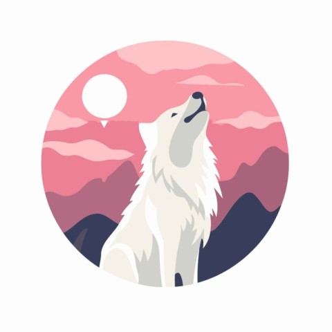 White wolf on the background of mountains. Vector illustration i