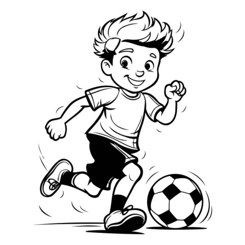 Cute little boy playing soccer - black and white vector illustra