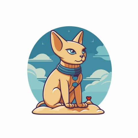 Cat with a scarf around his neck sitting on the beach. Vector il