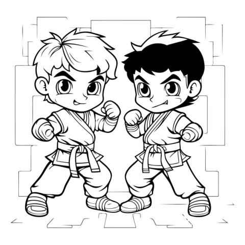 Karate kids. black and white vector illustration for coloring bo