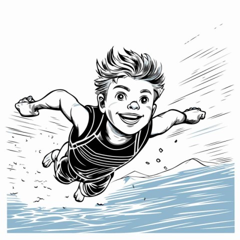 Vector illustration of a young boy jumping on the water. Black a