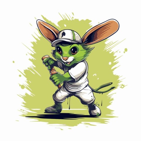 Vector illustration of a green rabbit in baseball bat and baseba