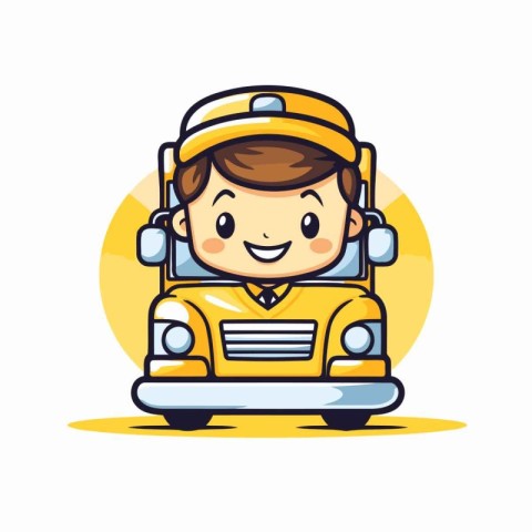 Cute little boy with headphones and school bus. Vector illustrat