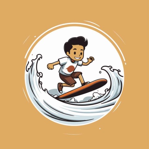 Boy surfing on the wave. Vector illustration of a cartoon style.