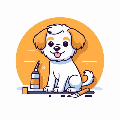 Cute cartoon dog with dental floss and toothbrush. Vector illust