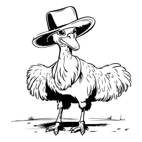 Vector illustration of ostrich in hat. Black and white image.