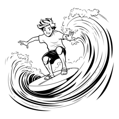 surfer jumping on a big wave. black and white vector illustratio