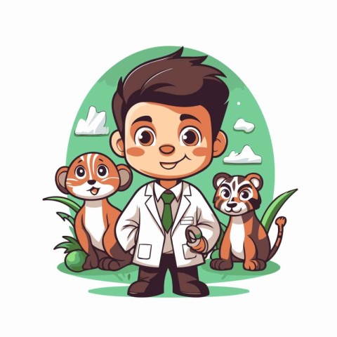 Vector illustration of a little boy in a lab coat with a group o