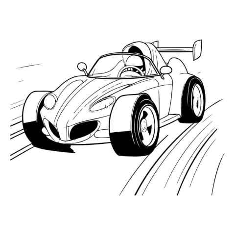 Black and white illustration of a vintage sports car on the road