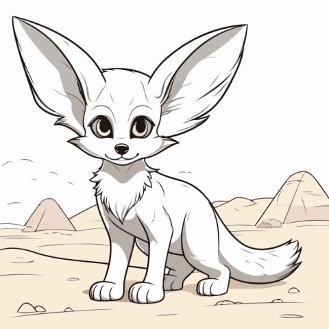 Cute cartoon fox standing on the sand and looking at the camera