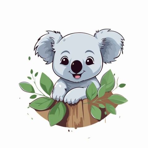 Cute cartoon koala sitting on a tree. Vector illustration.