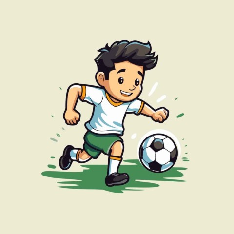 Cartoon soccer player running and kicking the ball. Vector illus