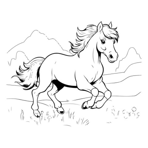 Horse running in the meadow. Black and white vector illustration