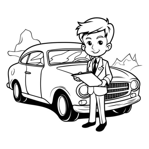 Businessman with a car. Black and white vector illustration for