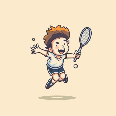 Cartoon boy playing badminton. Vector illustration of a boy play