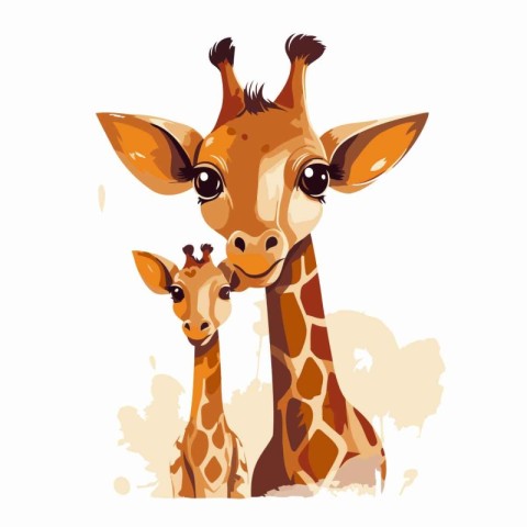 Vector illustration of cute baby giraffe with mother isolated on